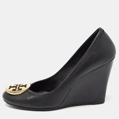 Pre-owned Tory Burch Black Leather Sally Wedge Pumps Size 37.5