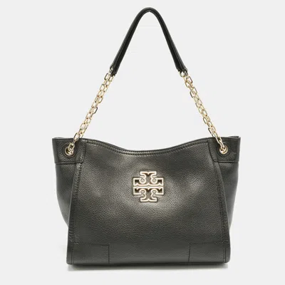 Pre-owned Tory Burch Black Leather Small Britten Slouchy Tote