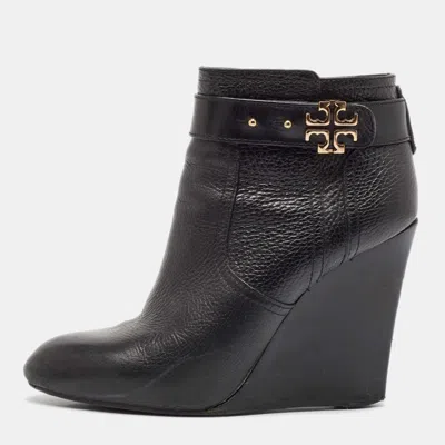 Pre-owned Tory Burch Black Leather Wedge Ankle Length Boots Size 39