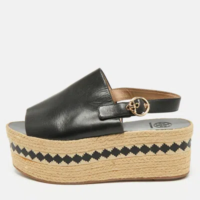 Pre-owned Tory Burch Black Leather Wedge Espadrille Sandals Size 40