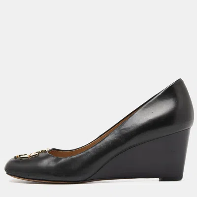 Pre-owned Tory Burch Black Leather Wedge Pumps Size 36.5