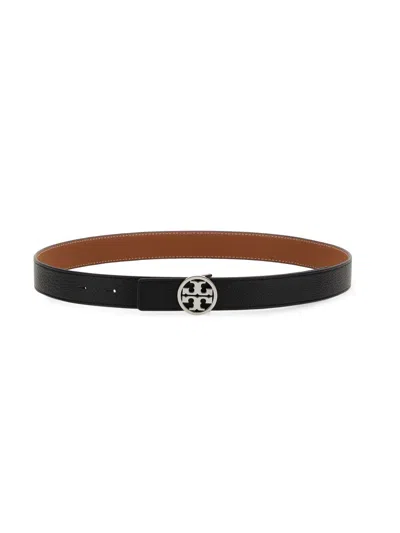 Tory Burch Black Light Brown Leather Logo Belt