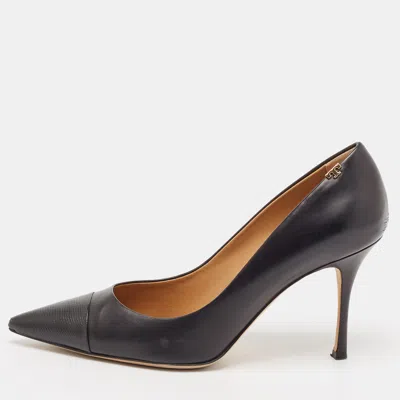 Pre-owned Tory Burch Black Lizard Embossed And Leather Penelope Pumps Size 41