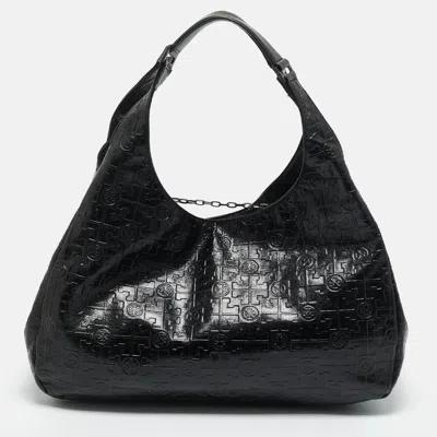 Pre-owned Tory Burch Black Logo Embossed Leather Dafina Hobo