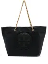 TORY BURCH BLACK LOGO-PATCH TOTE HANDBAG FOR WOMEN WITH FABRIC AND CHAIN-LINK HANDLES