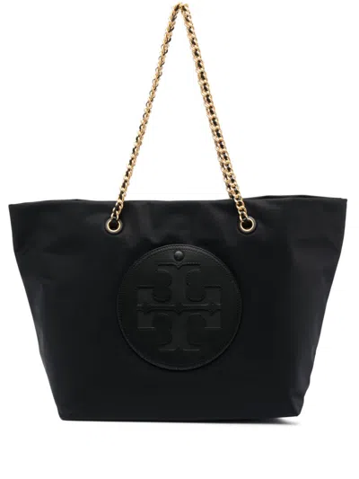 TORY BURCH BLACK LOGO-PATCH TOTE HANDBAG FOR WOMEN WITH FABRIC AND CHAIN-LINK HANDLES