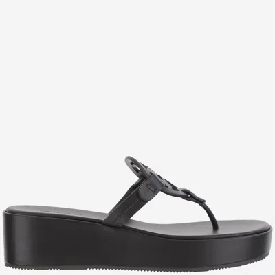 TORY BURCH BLACK LOGO WEDGE SANDALS