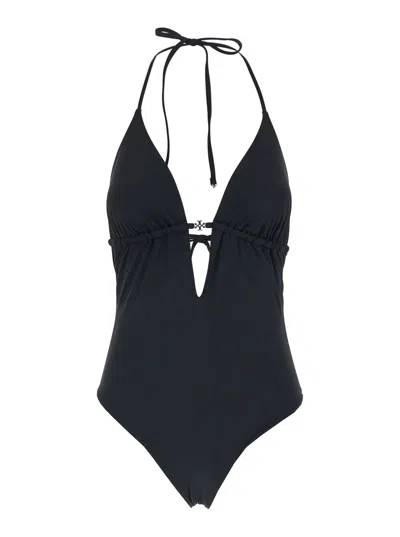 Tory Burch Black One-piece Swimsuit With Knot Closure And Plaque Logo On The Front In Tech Fabric Woman