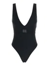Tory Burch Black One-piece Swimsuit With V-neck And Belt With Plate In Tech Fabric Woman In Black