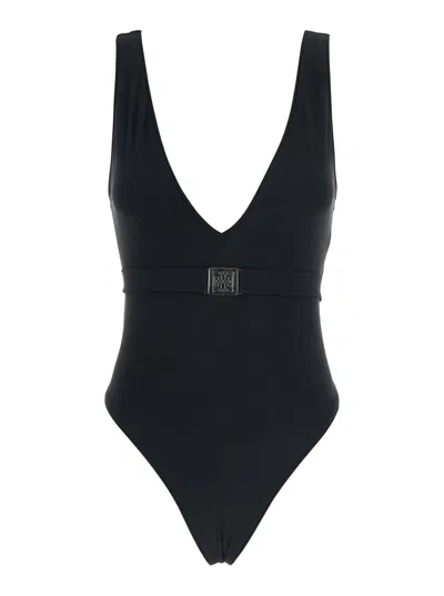 TORY BURCH BLACK ONE-PIECE SWIMSUIT WITH V-NECK AND BELT WITH PLATE IN TECH FABRIC WOMAN