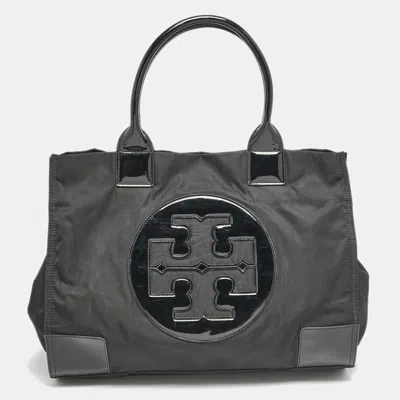 Pre-owned Tory Burch Black Patent Leather And Nylon Large Ella Tote