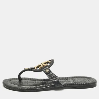 Pre-owned Tory Burch Black Python Embossed Leather Logo Miller Thong Flat Size 37