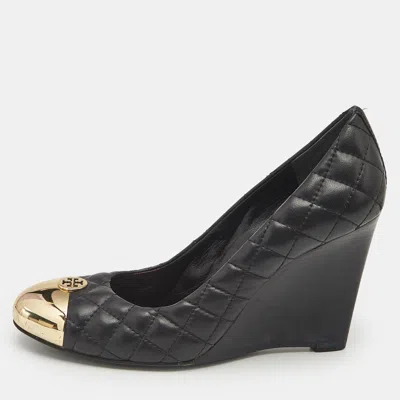 Pre-owned Tory Burch Black Quilted Leather Kaitlin Cap Toe Wedge Pumps Size 39