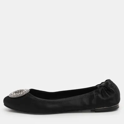 Pre-owned Tory Burch Black Satin Crystal Logo Embellished Ballet Flats Size 36.5