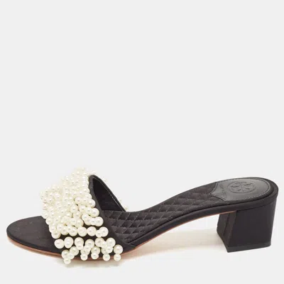 Pre-owned Tory Burch Black Satin Faux Pearl Embellished Slide Sandals Size 36.5 In White