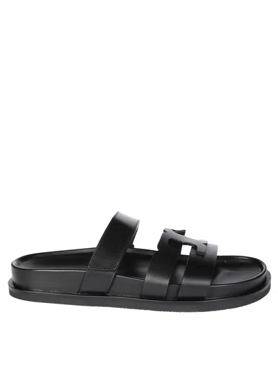 TORY BURCH TORY BURCH BLACK SLIDE SANDALS WITH PROMINENT LOGO EMBELLISHMENT
