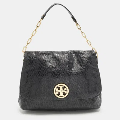 Pre-owned Tory Burch Black Snake Embossed Leather Flap Shoulder Bag