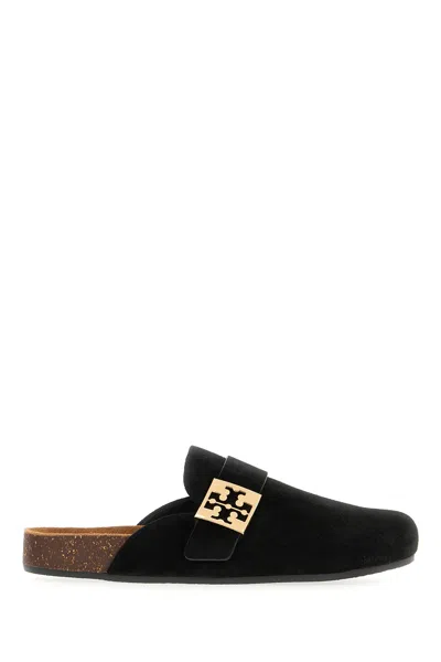 Tory Burch Mellow Black Slip-on Mule With Metallic Logo Buckle In Suede Woman