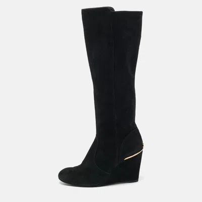 Pre-owned Tory Burch Black Suede Zipped Knee Length Boots Size 38