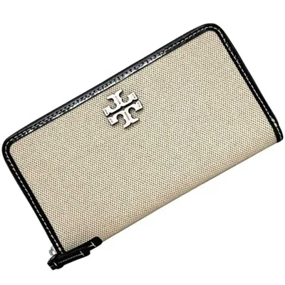 Pre-owned Tory Burch Black White Canvas Leather Long Wallet (bi-fold) () In Black, White