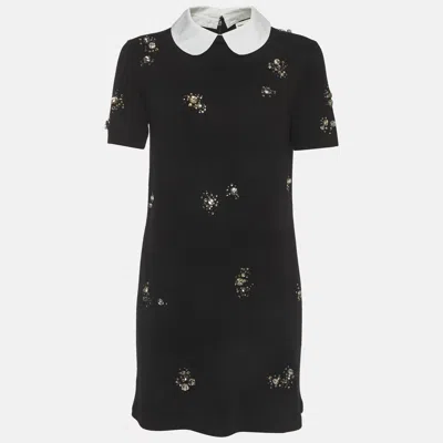 Pre-owned Tory Burch Black Wool Blend Embellished Poplin Collar Dress S