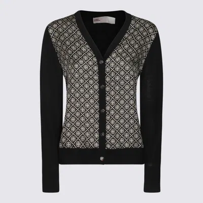 Tory Burch Monogram Print Silk And Wool Cardigan In Black