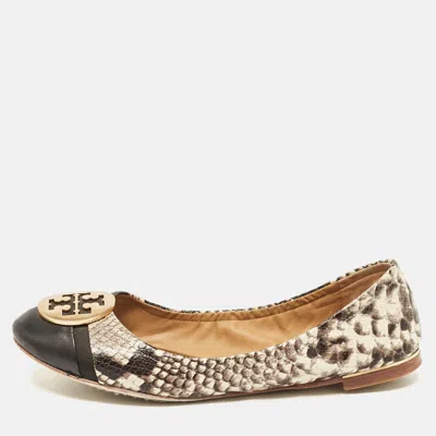 Pre-owned Tory Burch Black/cream Python Embossed Reva Ballet Flats Size 36.5