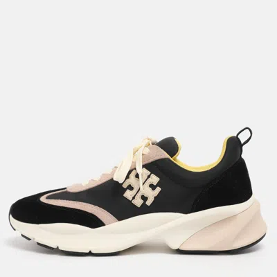 Pre-owned Tory Burch Black/old Rose Fabric And Suede Good Luck Low Top Sneakers Size 40