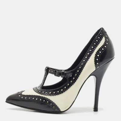 Pre-owned Tory Burch Black/white Brogue Leather Everly Pointed Toe Pumps Size 39