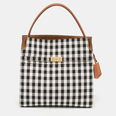 Pre-owned Tory Burch Black/white Checkered Canvas Lee Radziwill Top Handle Bag