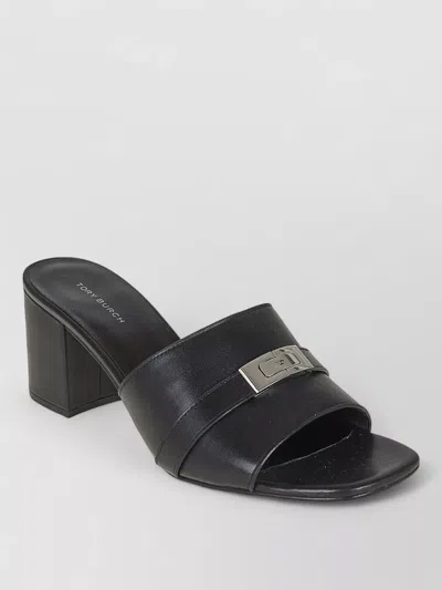 Tory Burch Block Heel Metallic Accent Open Toe Mules In Black