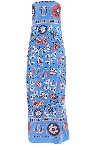 TORY BURCH BLUE ABSTRACT PRINTED SILK BANDEAU MAXI DRESS FOR WOMEN FW23