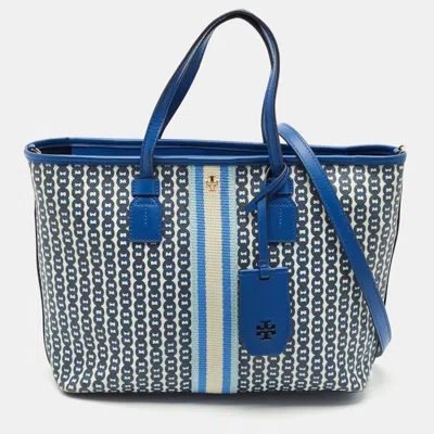 Pre-owned Tory Burch Blue Gemini Link Canvas And Leather Small Top Zip Tote