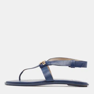 Pre-owned Tory Burch Blue Leather Gigi Thong Ankle Strap Flat Sandals Size 38