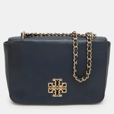 Pre-owned Tory Burch Blue Leather Logo Flap Shoulder Bag