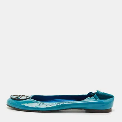 Pre-owned Tory Burch Blue Patent Leather Minnie Travel Ballet Flats Size 38.5