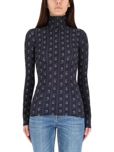 Tory Burch Blue Printed Mock Collar Sweater
