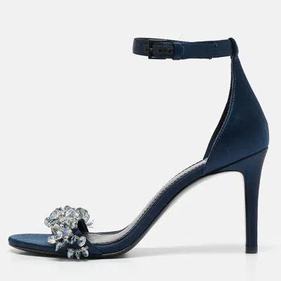 Pre-owned Tory Burch Blue Satin Crystal Embellished Ankle Strap Sandals Size 37.5