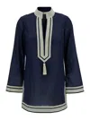 TORY BURCH BLUE TUNIC WITH CONTRASTING DETAILS AND TASSEL