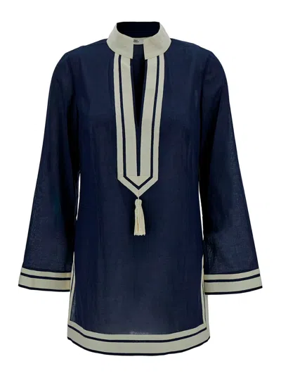 Tory Burch Blue Tunic With Contrasting Details And Tassel In Cotton Woman