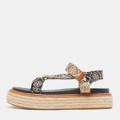 Pre-owned Tory Burch Blue/beige Monogram Canvas Espadrille Ankle Strap Flat Sandals Size 39