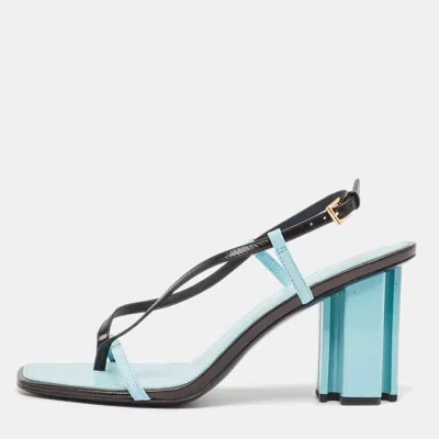 Pre-owned Tory Burch Blue/black Leather T Stamp Sandals Size 39