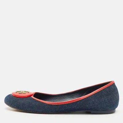 Pre-owned Tory Burch Blue/red Denim And Leather Reva Ballet Flats Size 38.5 In Black