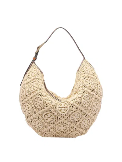 Tory Burch Natural Raffia T Monogram Balloon Bag