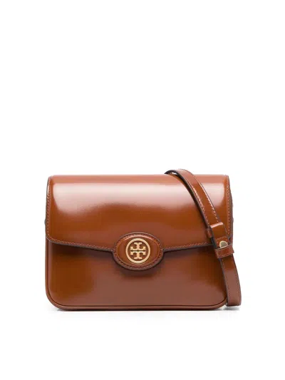 Tory Burch Robinson Spazzolato Shoulder Bag In Dark Sienna