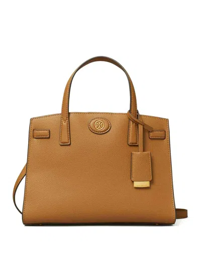 Tory Burch Robinson Pebbled Leather Small Satchel In Brown