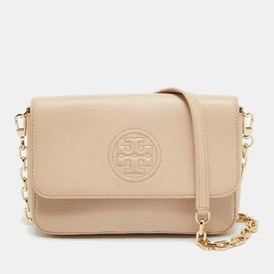 Pre-owned Tory Burch Bombe Flap Mini Beige Leather Shoulder Bag In Sand
