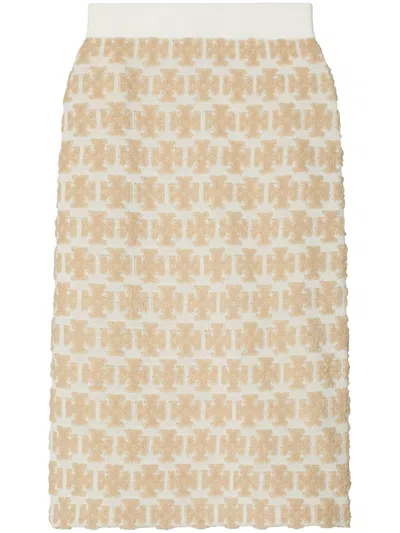 TORY BURCH BOUCLÉ MID-LENGTH SKIRT IN SAND BEIGE AND CLOUD WHITE
