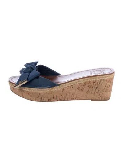 Pre-owned Tory Burch Bow Accents Slides In Blue/neutrals