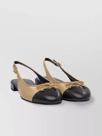 Tory Burch Bow Detail Round Toe Slingback Strap Ballerina Shoes In Beige